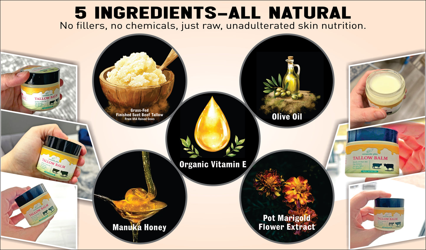 Whipped Beef Tallow Balm,Manuka Honey & 100 %Grass-Fed,2oz, Unscented, Skin Care,Face cream,Body Lotin and Lip balm for Sensitive Skin